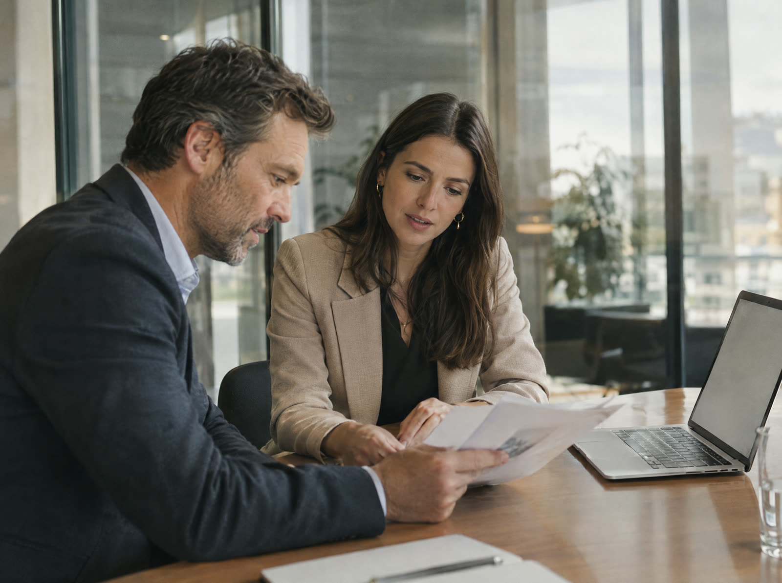 Two people reviewing a proposal at a meeting table
