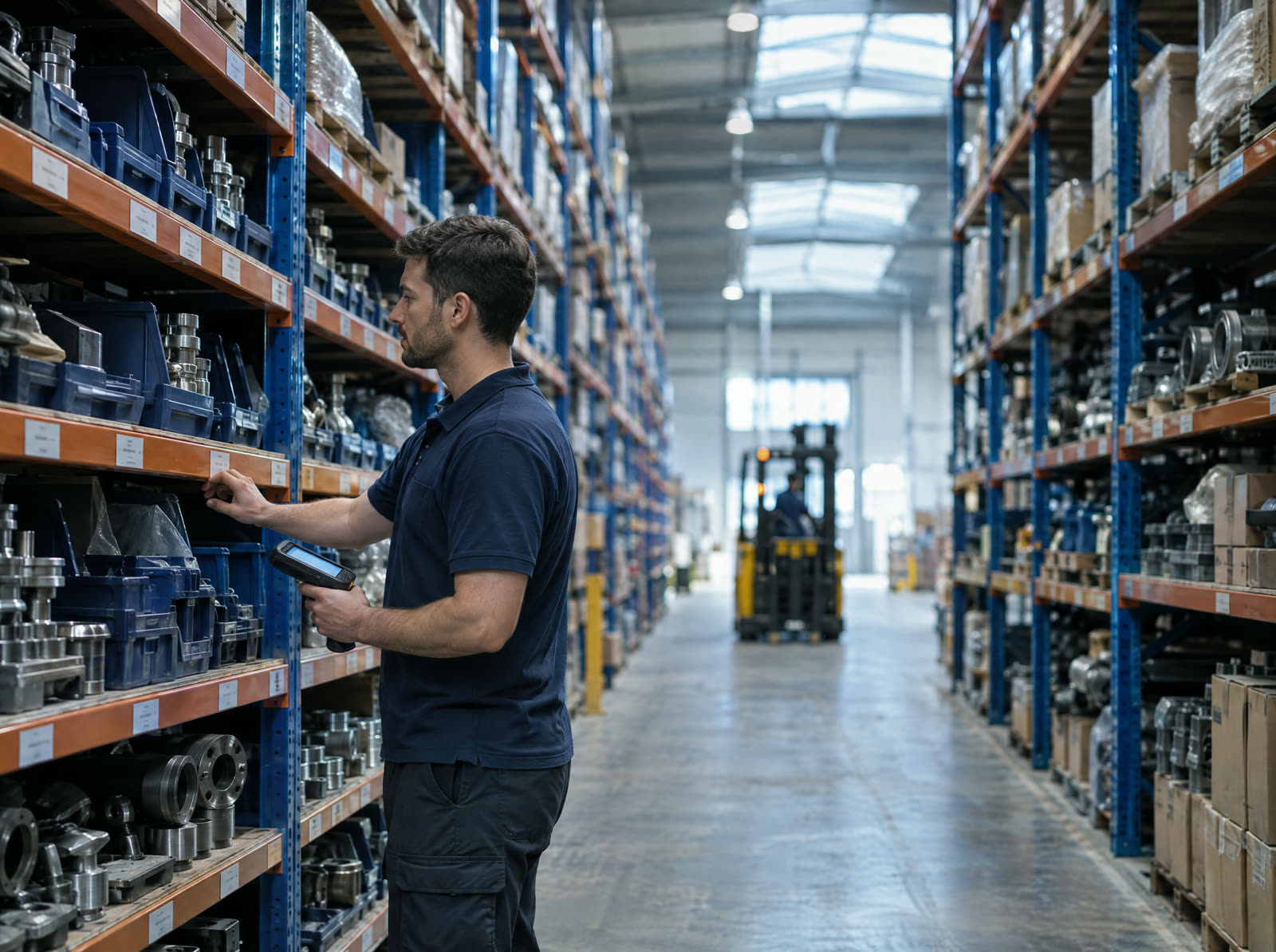 A warehouse aisle with industrial parts on racking