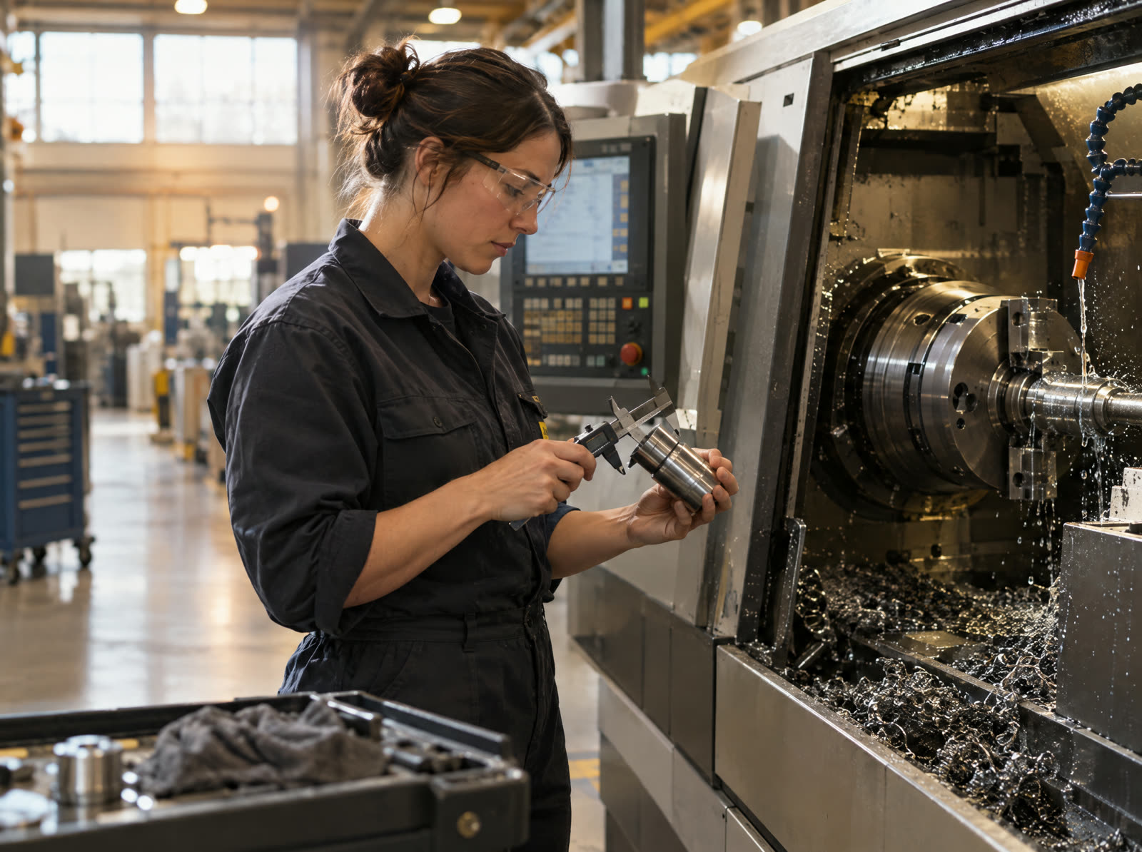 A machinist at a CNC machine on a factory floor