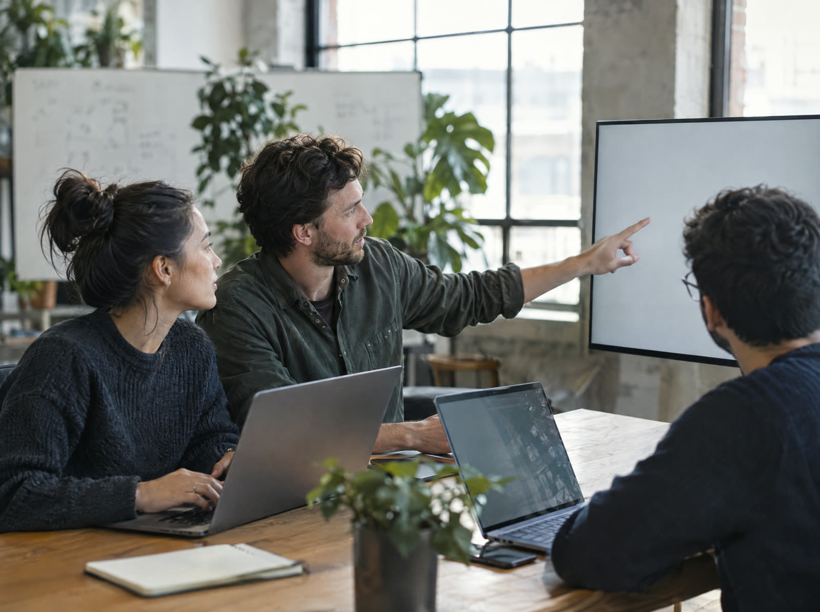 A product team at laptops in a bright office